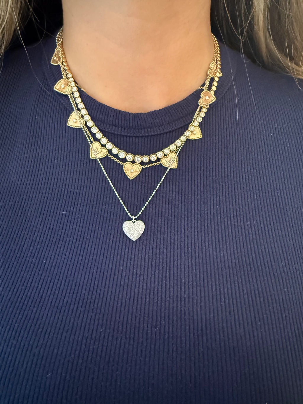PAVE DIAMOND PUFFY HEART NECKLACE WITH BEADED BALL CHAIN