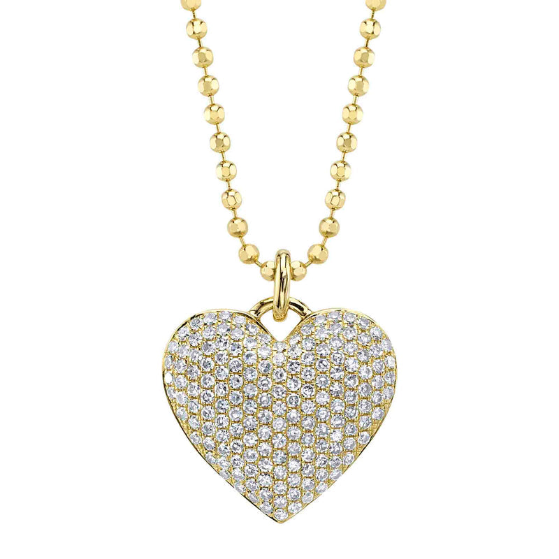 PAVE DIAMOND PUFFY HEART NECKLACE WITH BEADED BALL CHAIN