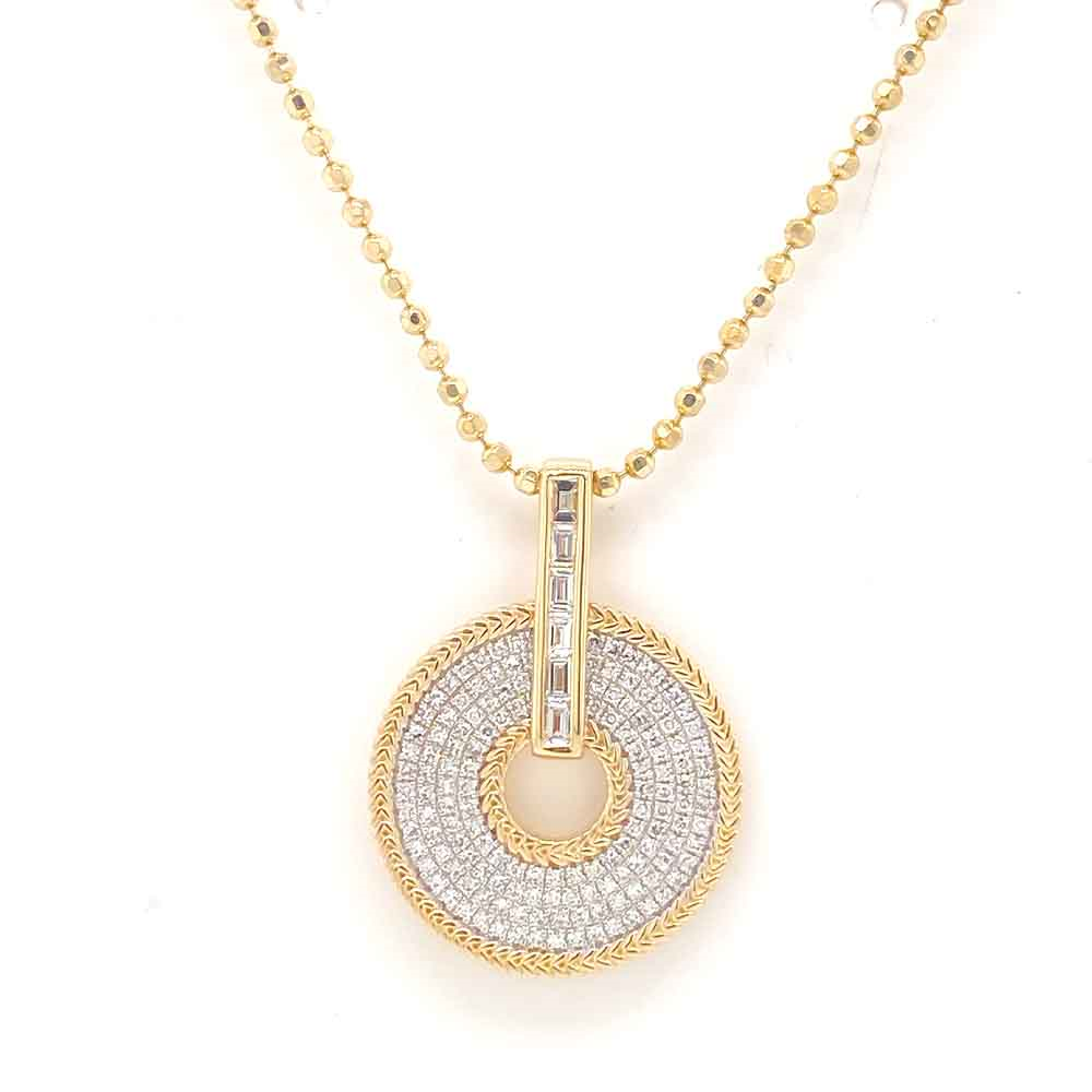 BAGUETTE AND PAVE DIAMOND ROUND PENDANT NECKLACE