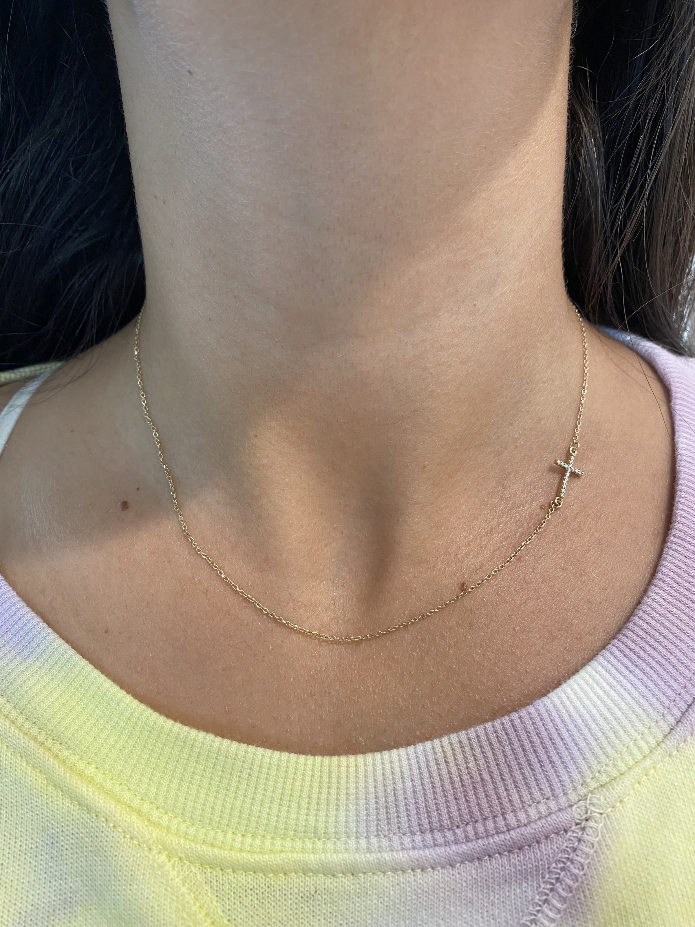 14k Rose Gold Diamond Sideways Cross 18in Necklace - Quality Gold