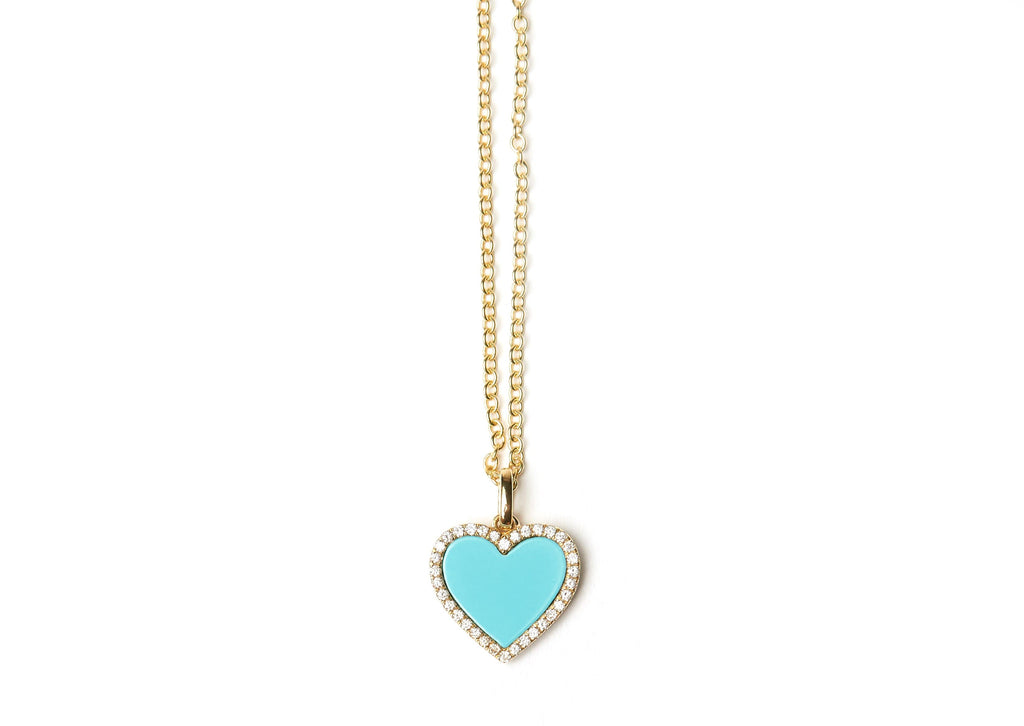 DIAMOND TURQUOISE HEART NECKLACE with 14 karak gold. diamonds surround the heart