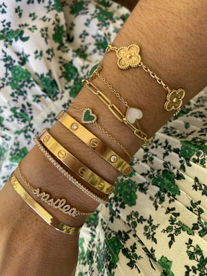 Vasilea bracelet stack with herringbone gold chain, custom name bracelet, bangles, charms